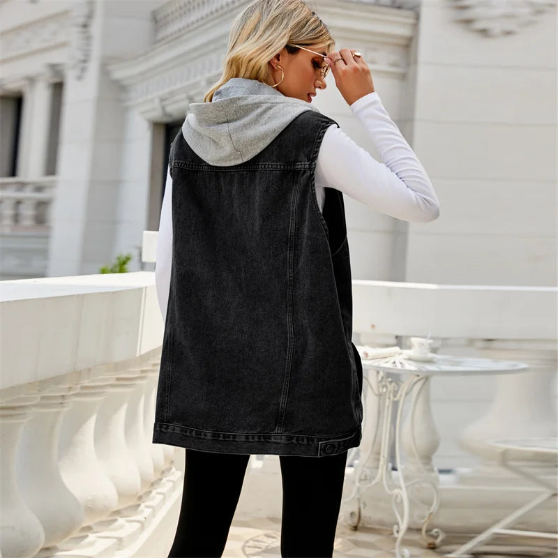 Drawstring Hooded Denim Casual Vest