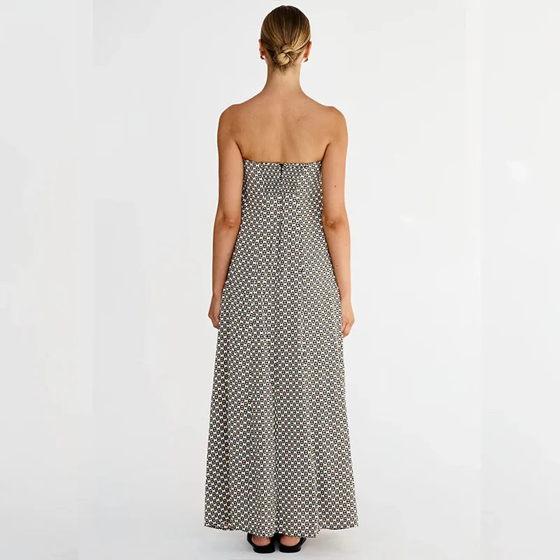 Women's Strapless Maxi Dress - Breathable Fabric - Flowy Relaxed Fit - Printed Design
