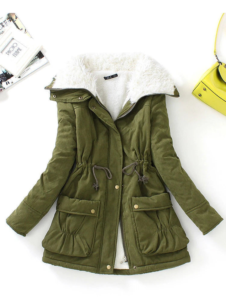 Women’s Winter Coat - Faux Fur Lined - Adjustable Fit - Snap Zip Closure - Flap Pockets
