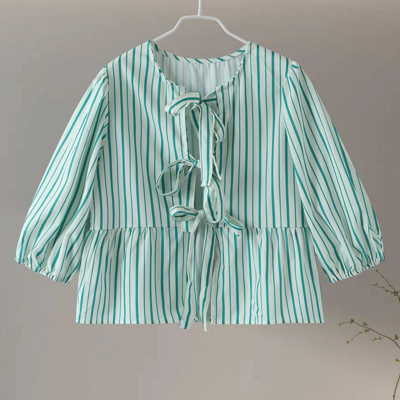 Women's Blouse - Puff Sleeve - Loose Fit - Striped Lightweight Tie-Neck