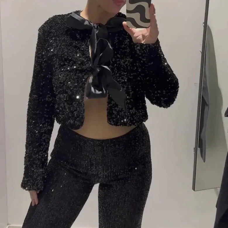 Women's bow tie sequin top