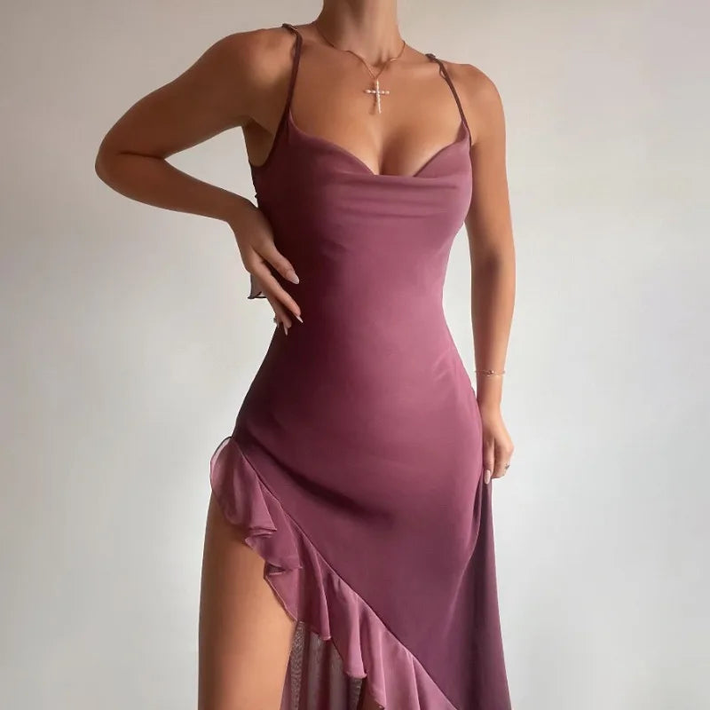 Women's Evening Gown - Satin Elegance - Sleeveless Fitted Design - Ruffle High Slit