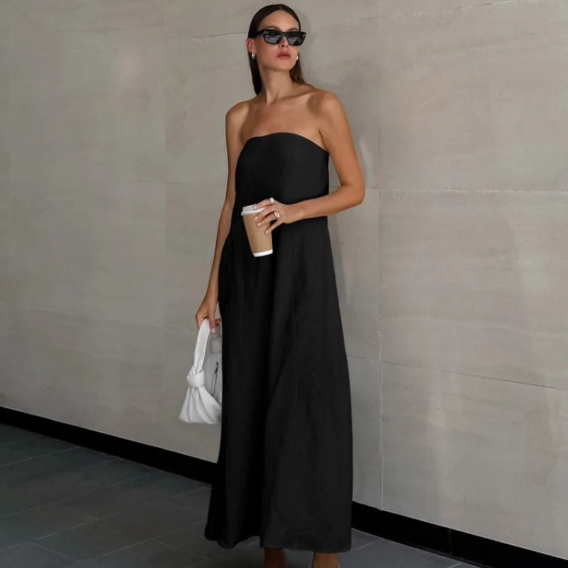 Women’s Strapless Dress – Cotton Linen Blend – Relaxed Fit – Full Length Backless