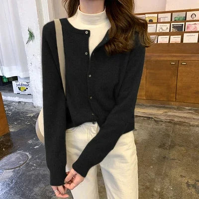 Women’s Cardigan Sweater – Soft Wool Blend – Relaxed Fit – Crew Neck – Button-Up Front