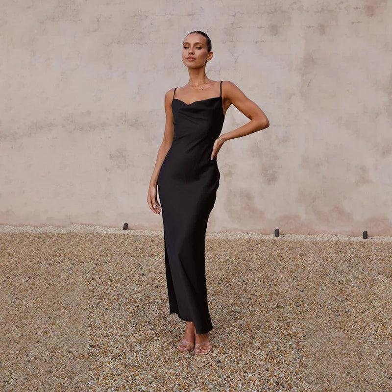 Women’s Maxi Dress – Satin Slim Fit – Cowl Neck – Spaghetti Strap Evening Gown