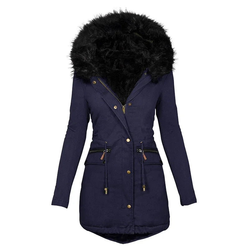 Women's fluffy hooded winter jacket with fur collar