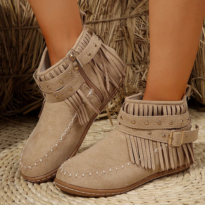 Women's retro faux suede buckle cowboy ankle boots