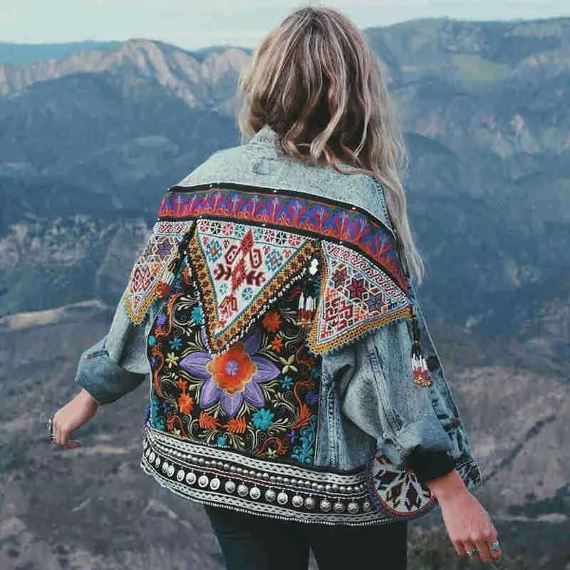 Women's bohemian embroidered denim jacket