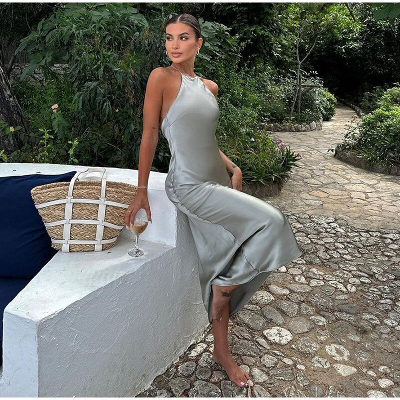 Women's Halter Neck Satin Dress - Elegant Sheen - Form-Fitting - Formal Evening Wear