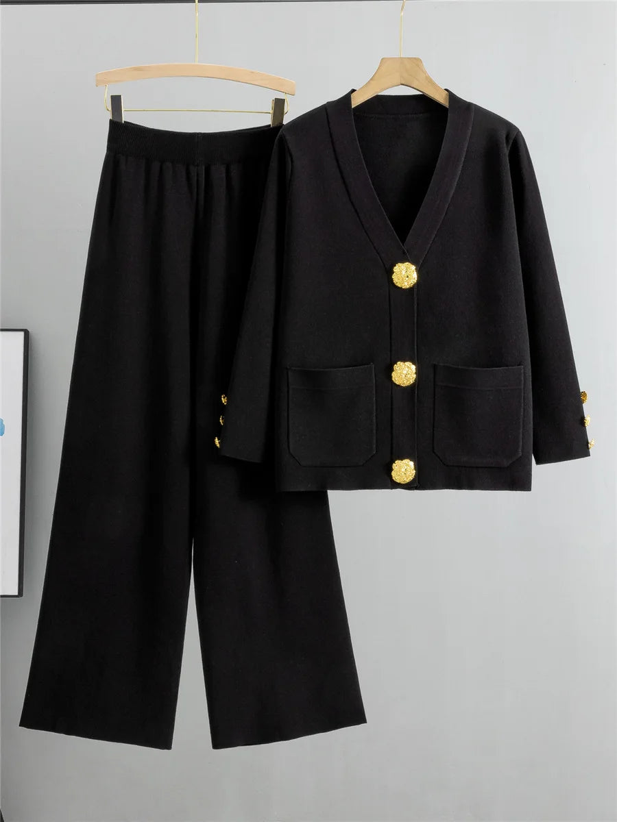 Women's knit v-neck cardigan high waist wide leg pants set