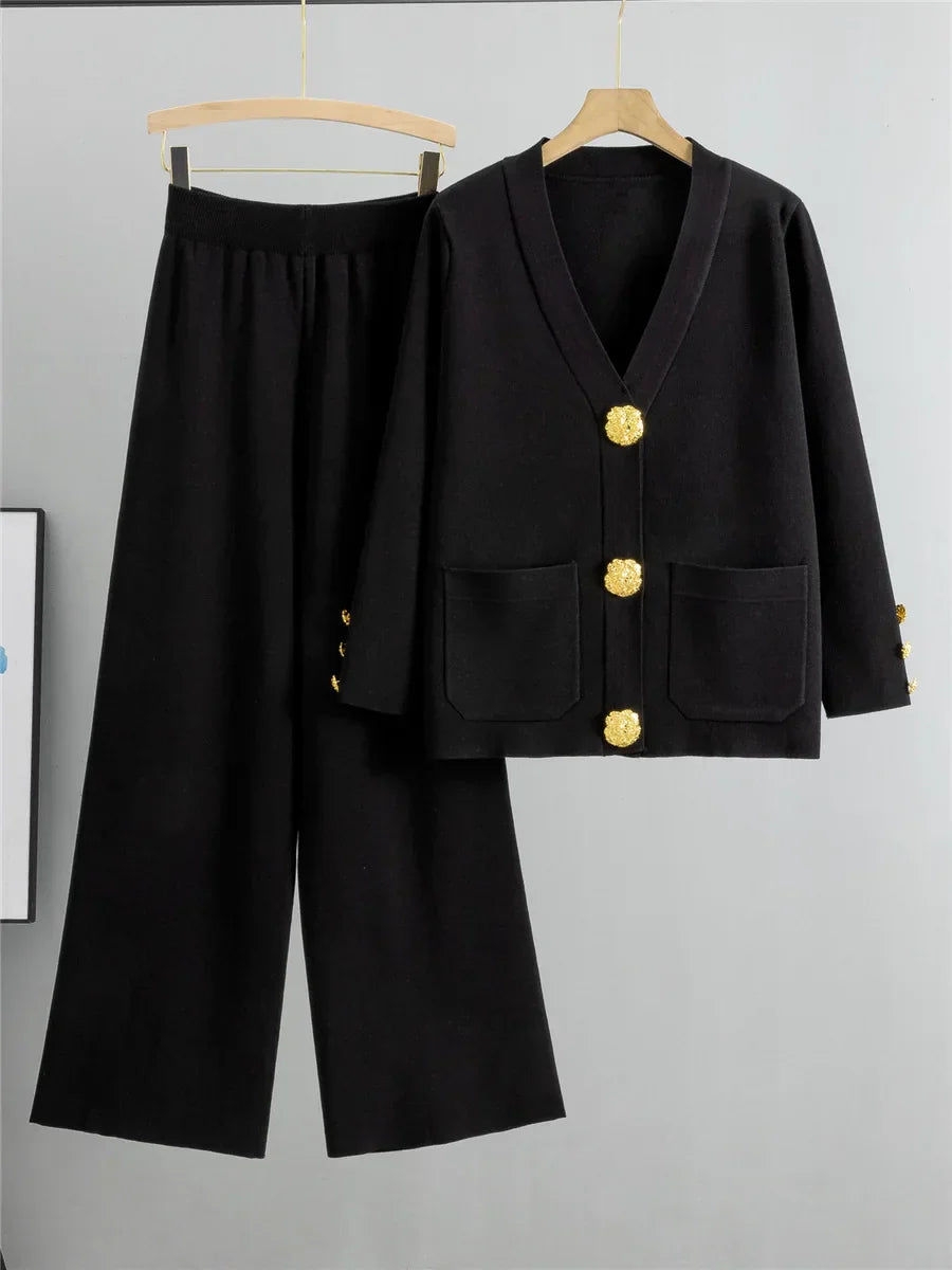 Women's loose top wide-leg pants knitted set