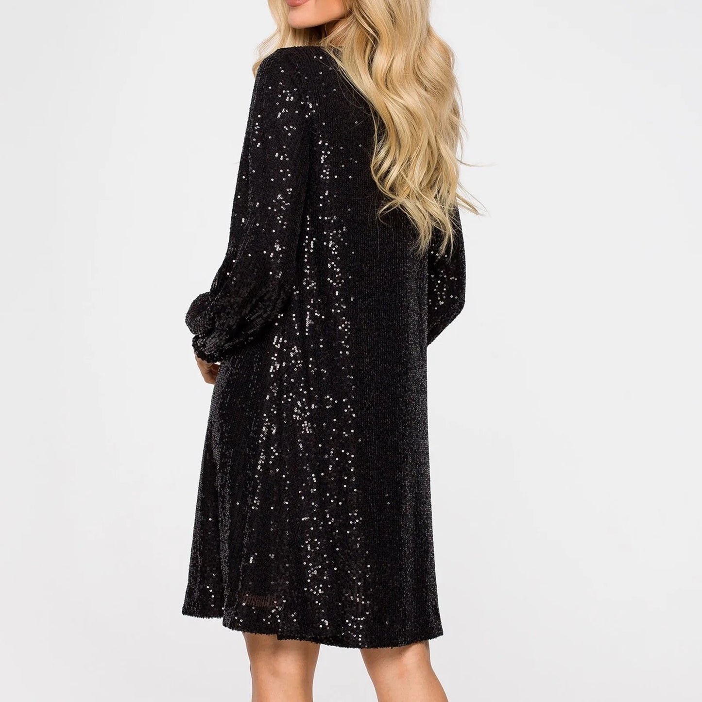 Women's Sequined A-Line Dress - Long Sleeve - Round Neck - Belted Waist - Elegant Shine