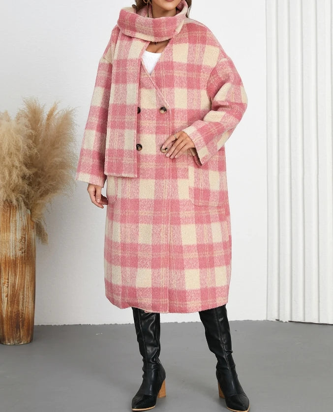 Double-Breasted Plaid V-Neck Coat