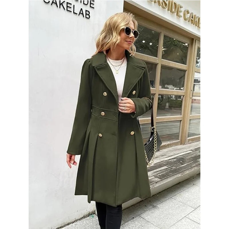 Women's woolen trench coat with skirt hemline double breasted