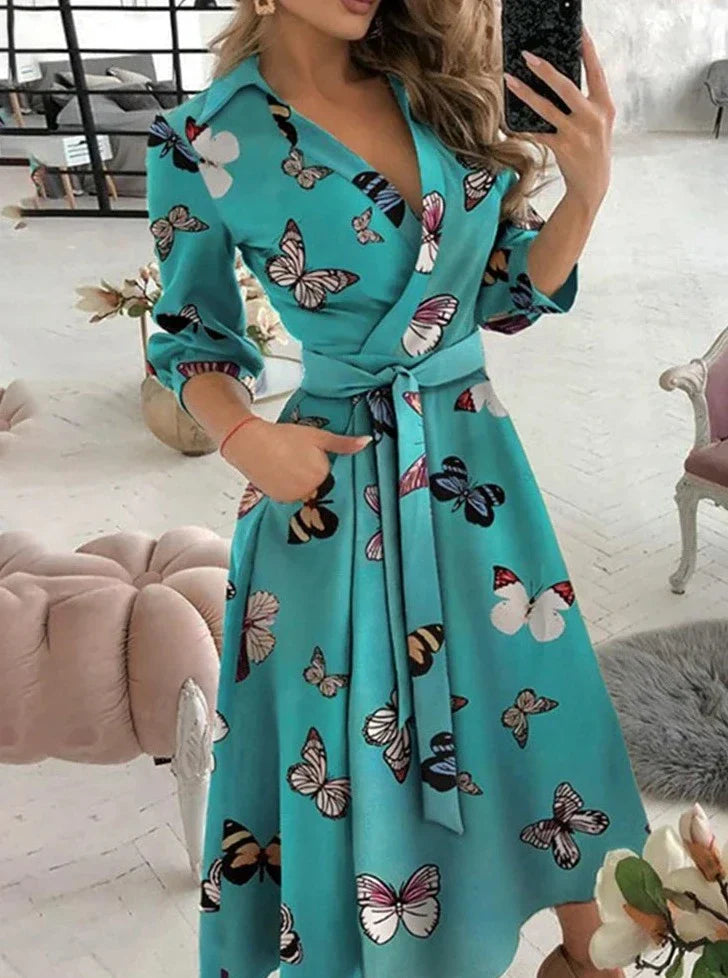 Women's Wrap Dress - V-Neck Tie Waist - Butterfly Print - A-Line 3/4 Sleeve