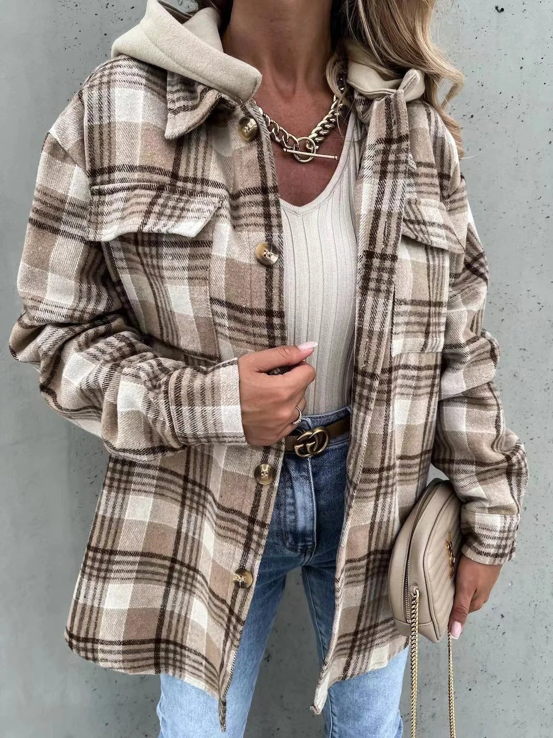 Women's autumn plaid button front jacket with detachable hoodie