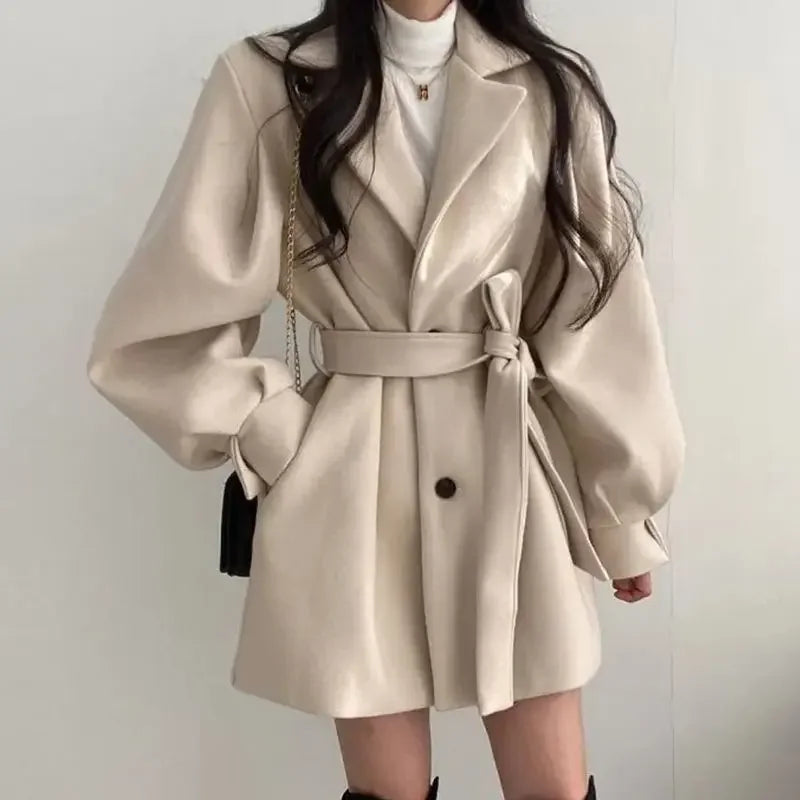 Women's trendy medium-length suit collar overcoat
