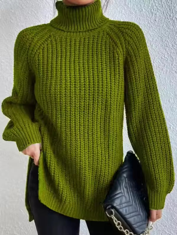Women’s Sweater - Ribbed Knit - Oversized Fit - Turtleneck - Side Split Hem