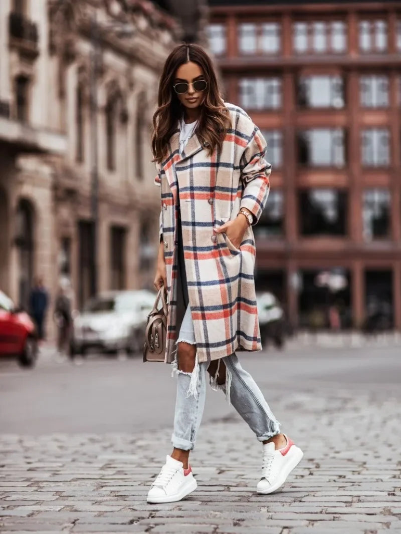 Women's mid-length plaid coat