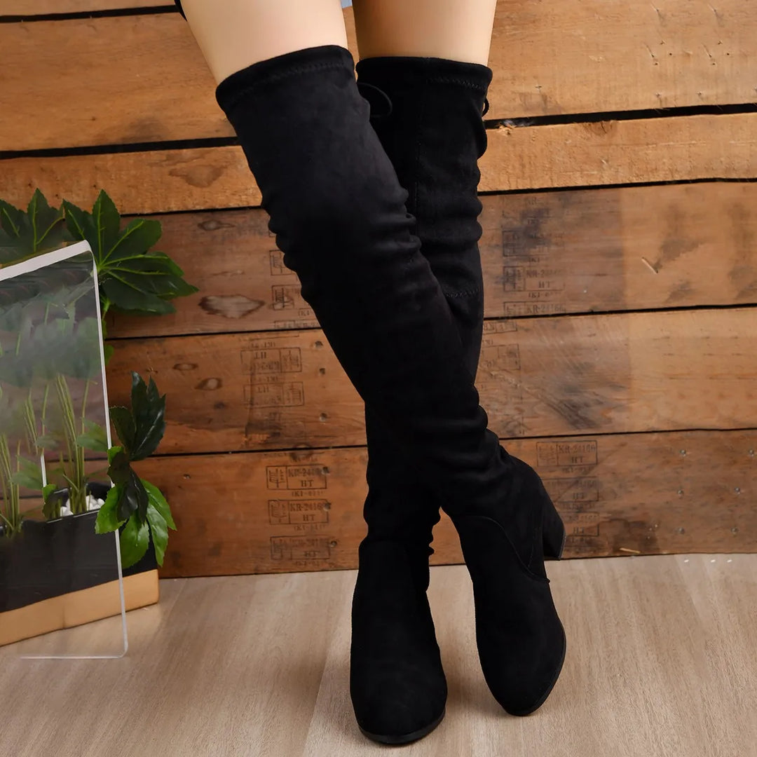 Women’s Over-the-Knee Boots – Suede Look – Block Heel – Pointed Toe – Lace Back Fit