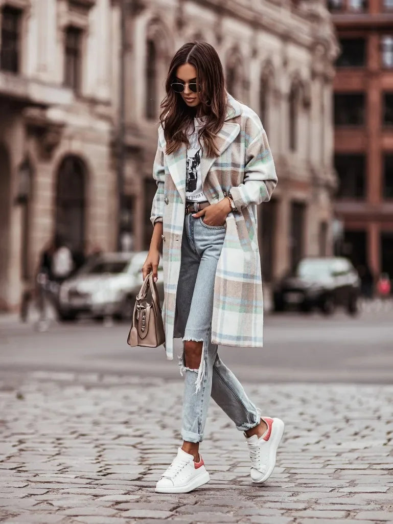Women's mid-length plaid coat