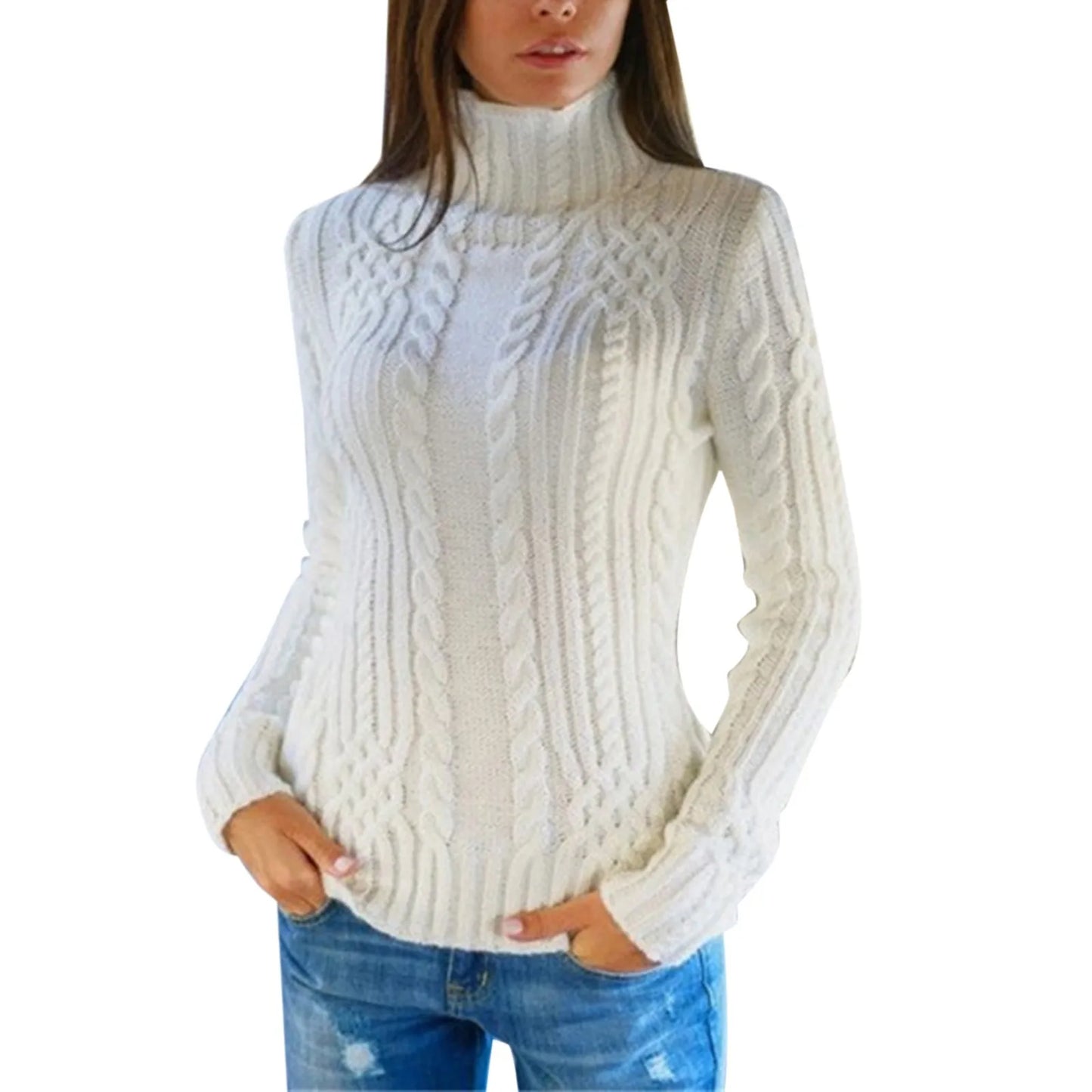High-neck cable knit sweater for women