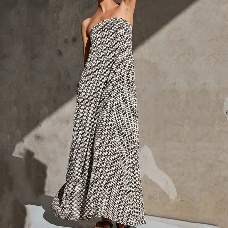Women's Strapless Maxi Dress - Breathable Fabric - Flowy Relaxed Fit - Printed Design