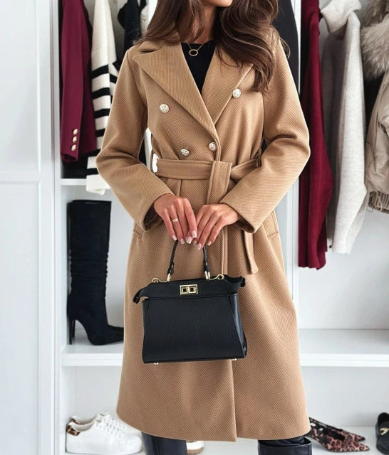 Elegant women’s double-breasted coat with tie closure