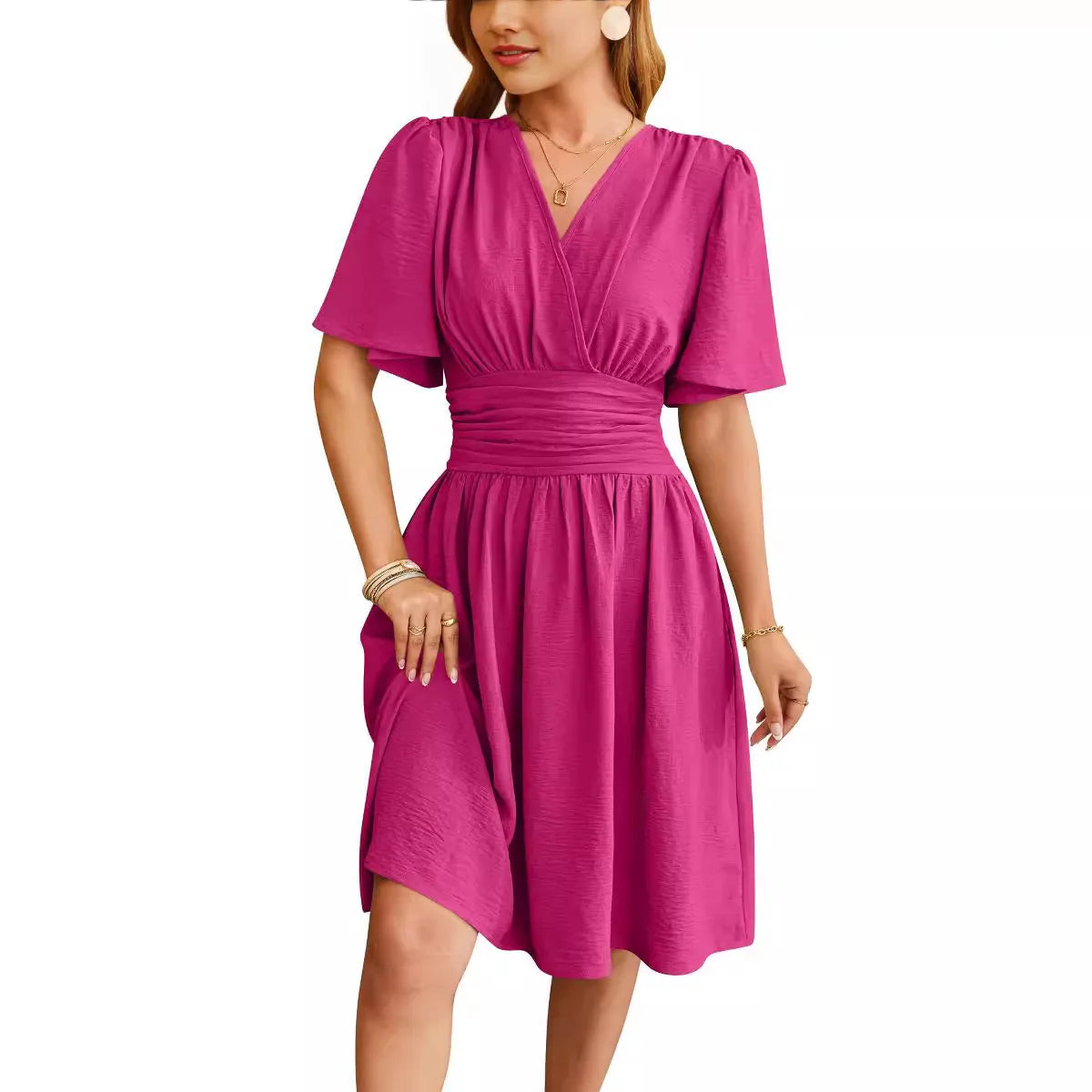 Women’s Wrap Dress – Ruched Waist – V-Neck – Flutter Sleeve – Knee Length A-Line Fit