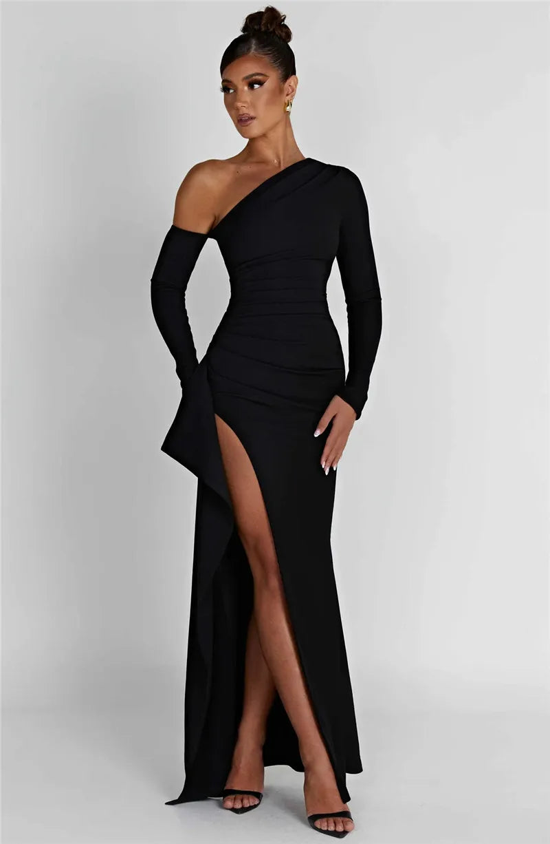 Women's Evening Gown - One Shoulder - Asymmetric Neckline - High Slit - Floor Length