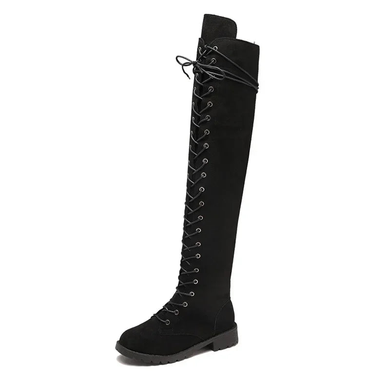 Women’s Over-the-Knee Boots – Suede-Like Texture – Lace-Up Front – Side Zipper – Rugged Sole
