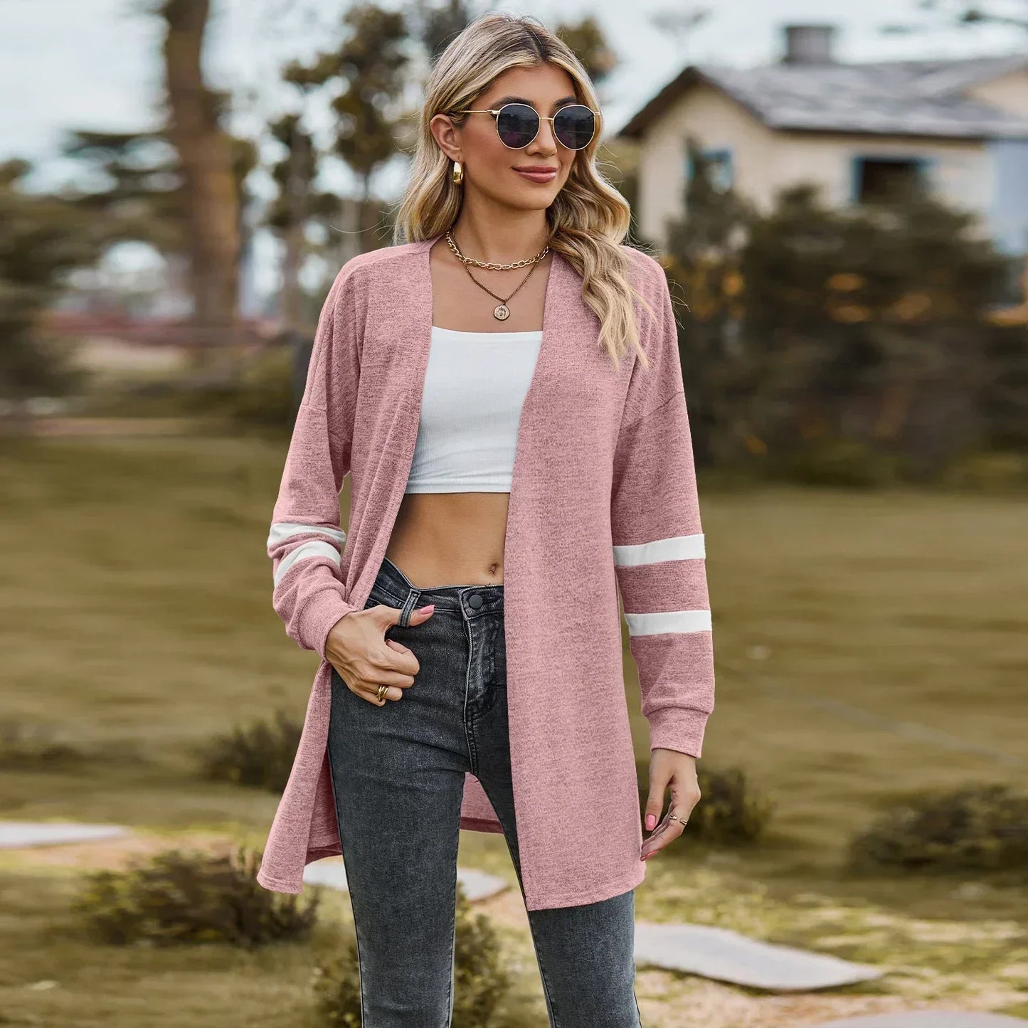 Women’s long-sleeved splicing contrast color knitted cardigan