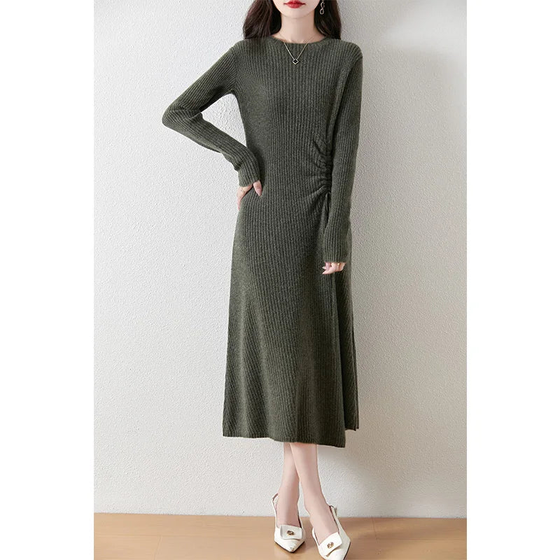 Women's waist slimming pleated long sleeve dress