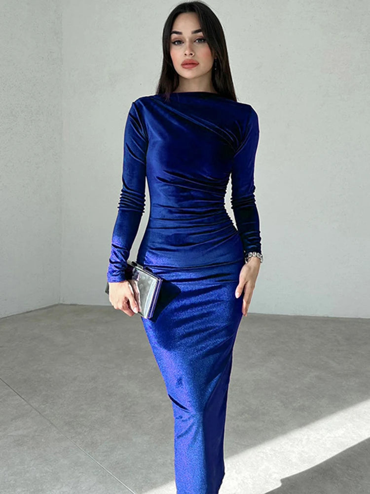 Women's Bodycon Dress - Long Sleeve Stretch Fit - Ruched Detailing Elegant Wear