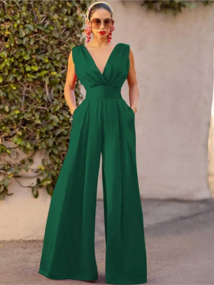 Women's Jumpsuit - Sleeveless V-Neck Wrap - Wide-Leg Elegant Fit - Lightweight Fabric