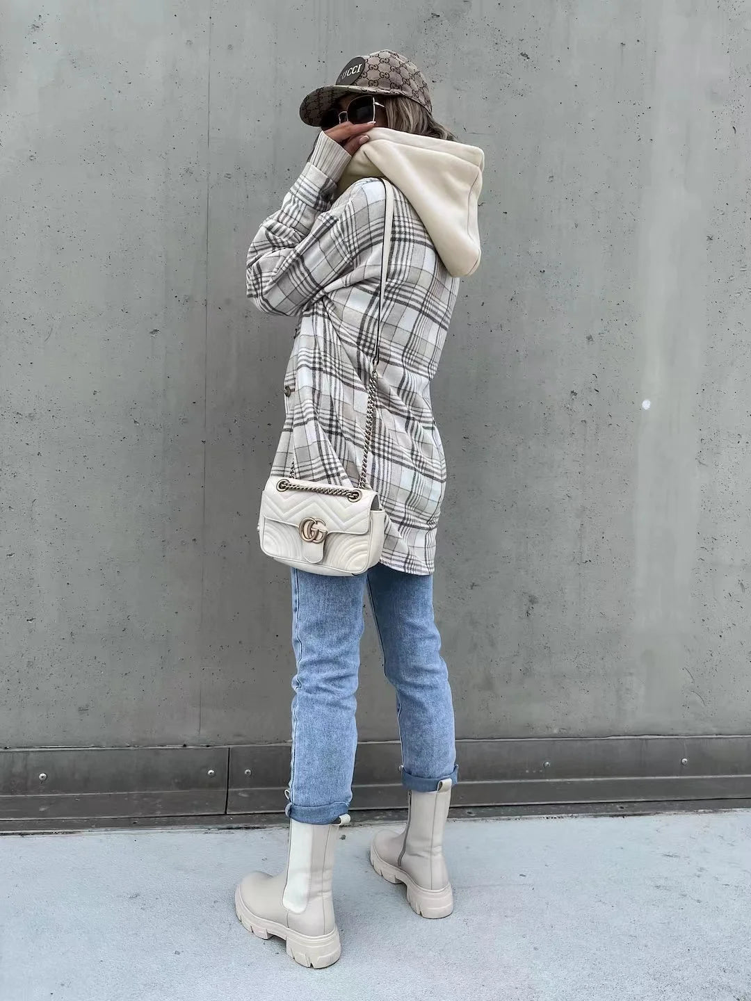 Women's autumn plaid button front jacket with detachable hoodie