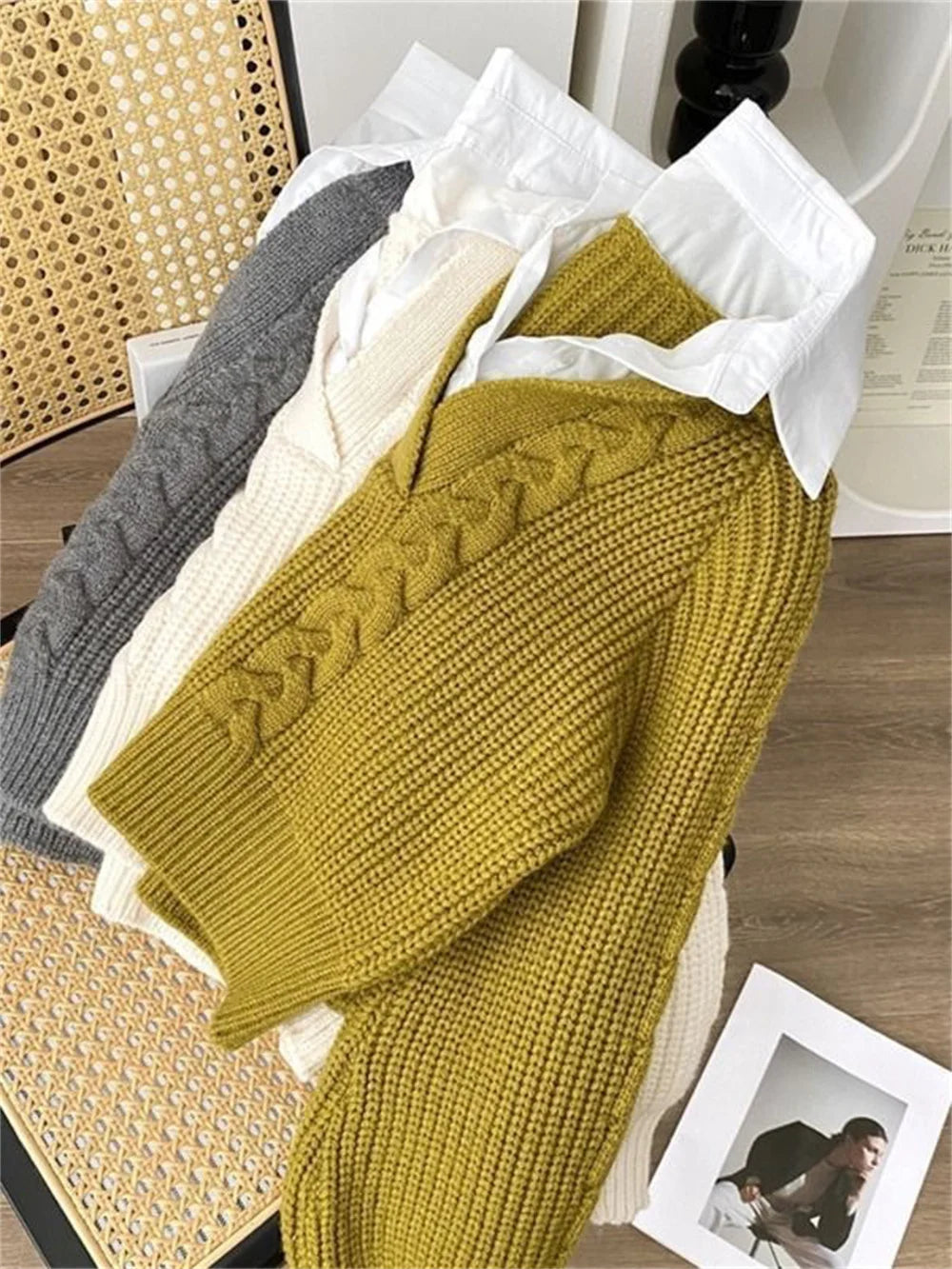 Cable Knit Layered Collar V-Neck Sweater
