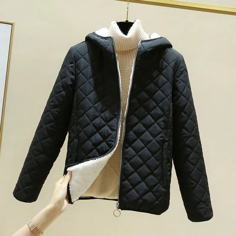 Women’s Quilted Hooded Jacket - Fleece Lined - Diamond Stitch - Zipper Front Closure