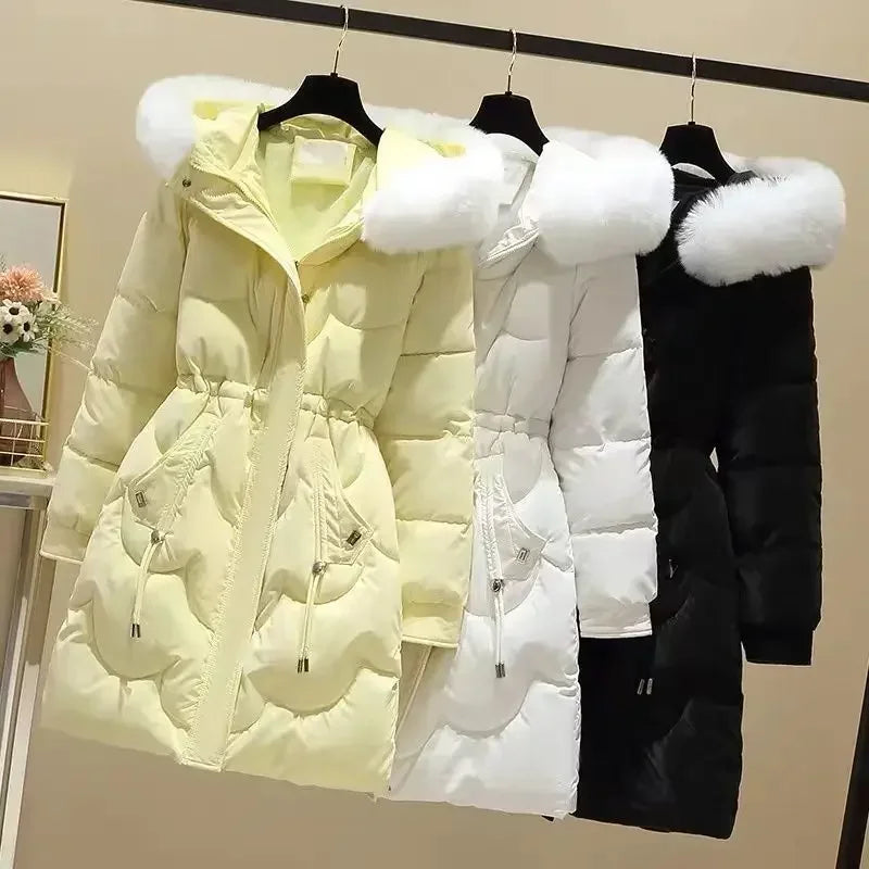 Women's winter midi-length hooded padded jacket with drawstring waist