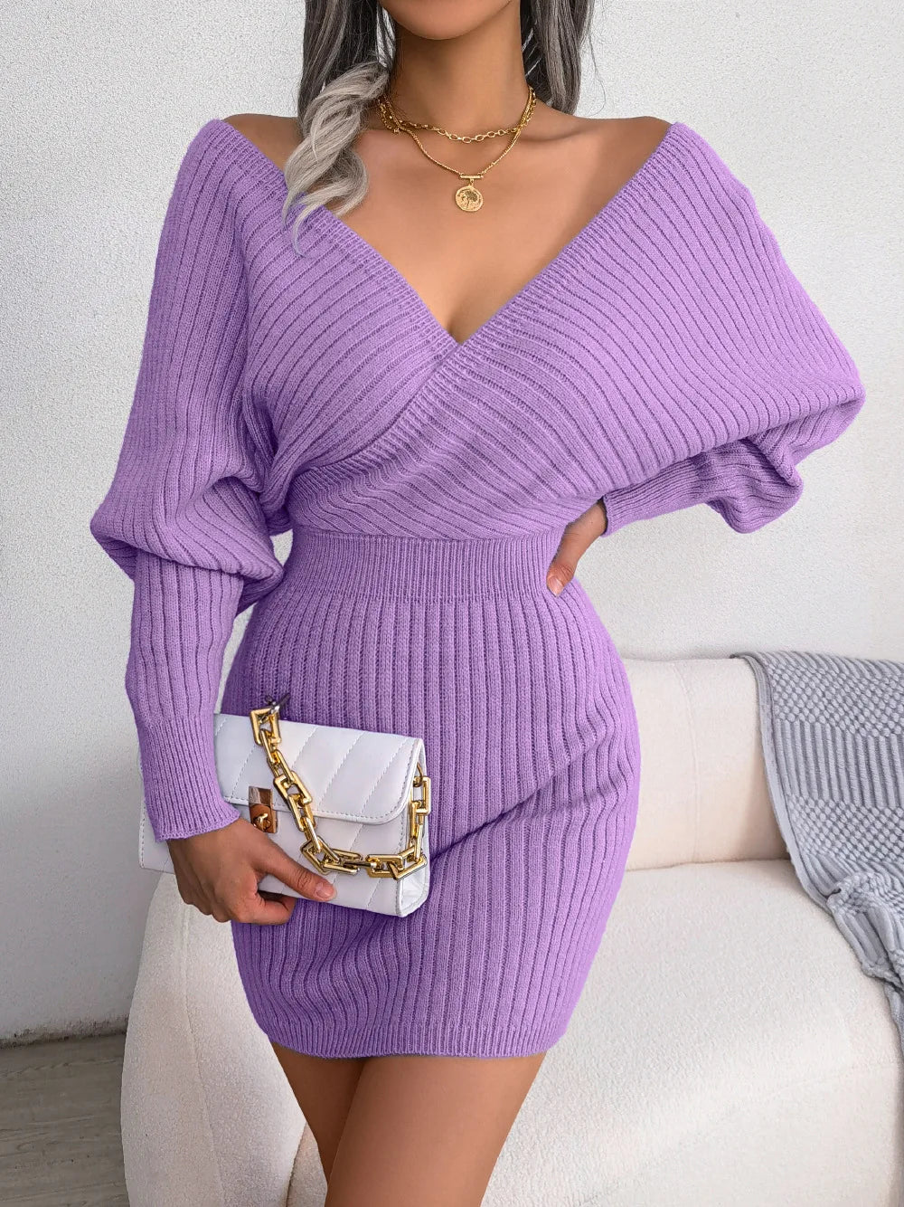 Women's Knitted Sweater Dress - Bodycon Fit - V-Neck - Ribbed Long Sleeve Mini Dress
