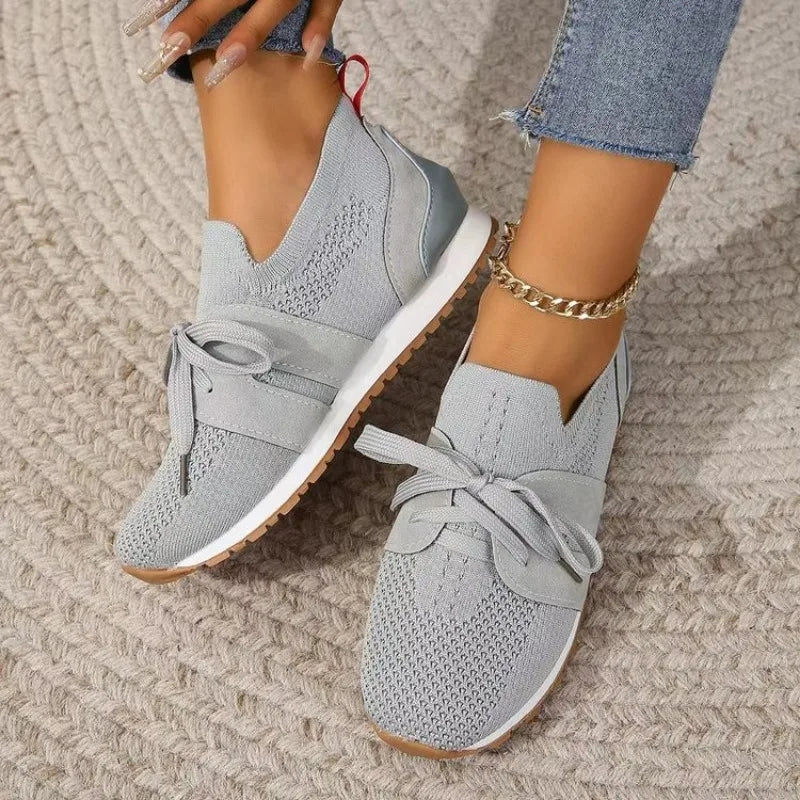 Women's Casual Sneakers - Breathable Knit Upper - Lace-Up - Rubber Sole Comfortable Fit