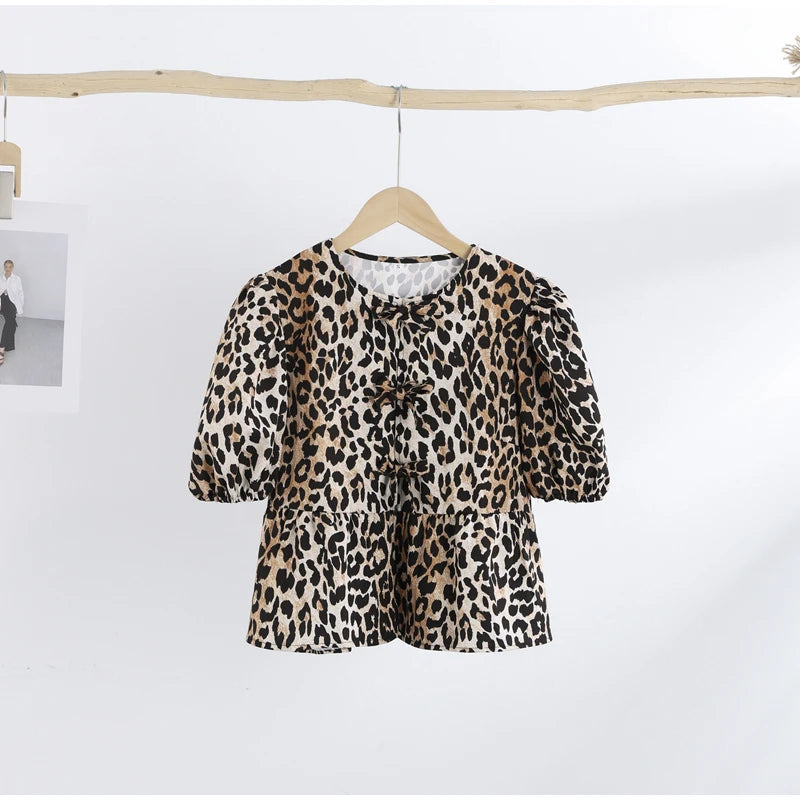 Women's Blouse - Puff Sleeve - Loose Fit - Striped Lightweight Tie-Neck