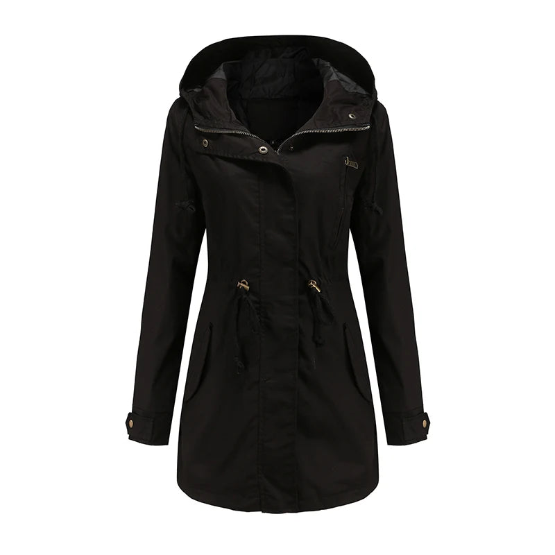 Women's comfortable hooded windbreaker trench coat