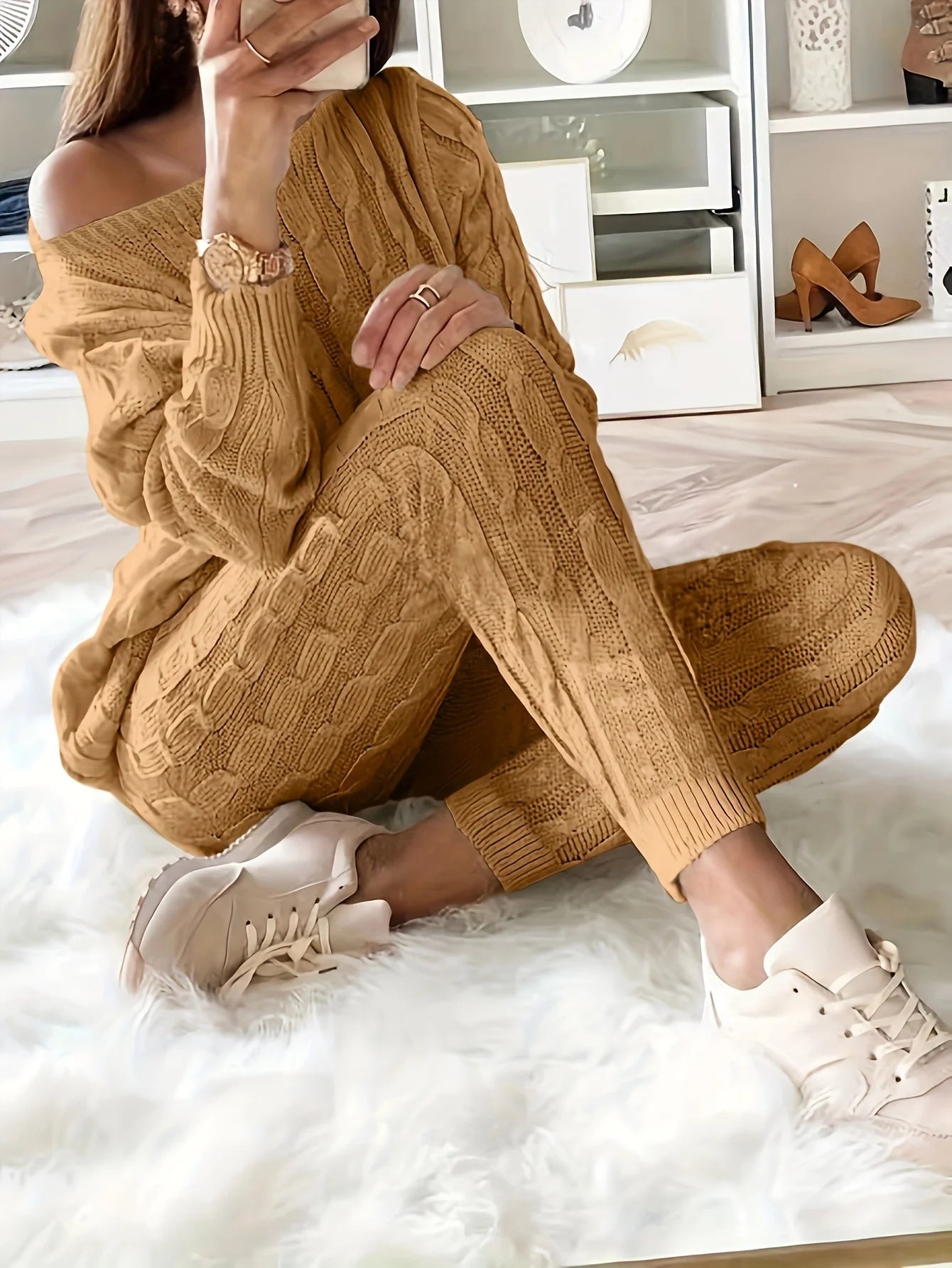Women's casual knitted sweater and elastic pants set