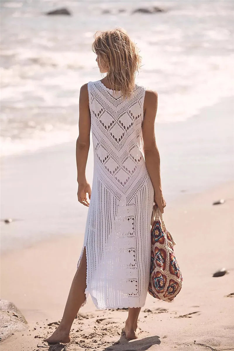 Women’s Mesh Dress – Relaxed Fit – Midi Length – V-Neck – Geometric Knit – Side Slit