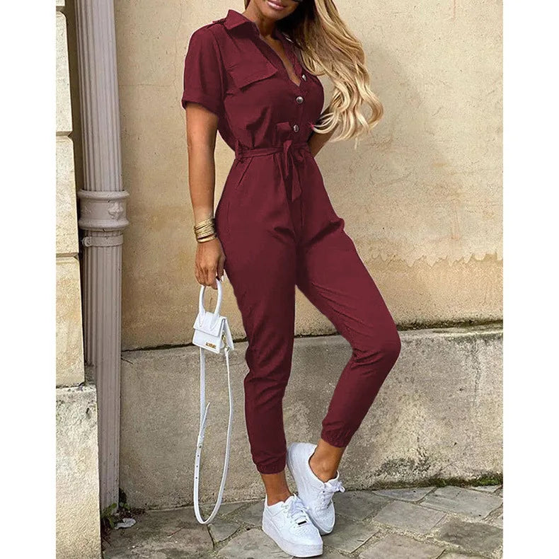 Women's monochromatic summer workwear jumpsuit with belt