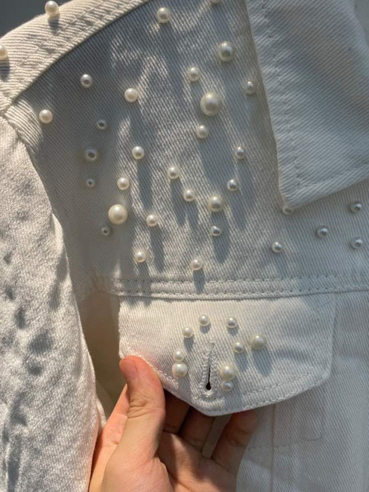 Women denim jacket with bead accents