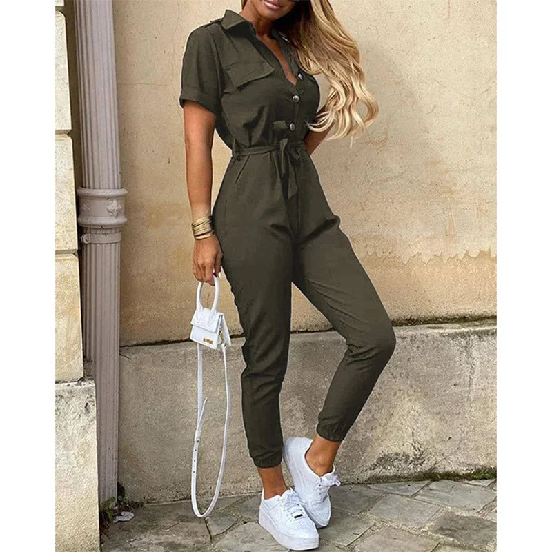 Women's monochromatic summer workwear jumpsuit with belt
