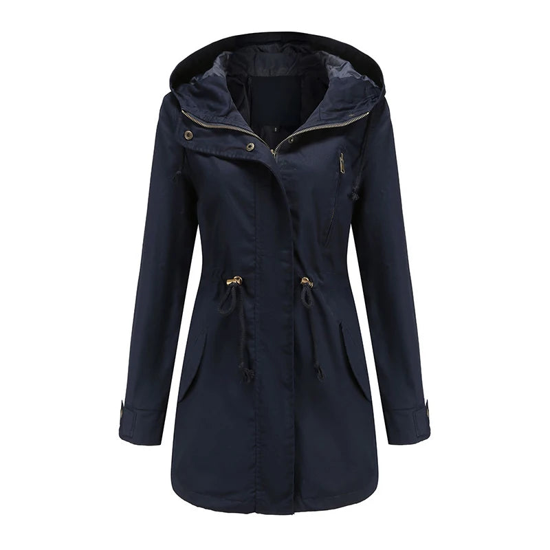 Women's comfortable hooded windbreaker trench coat