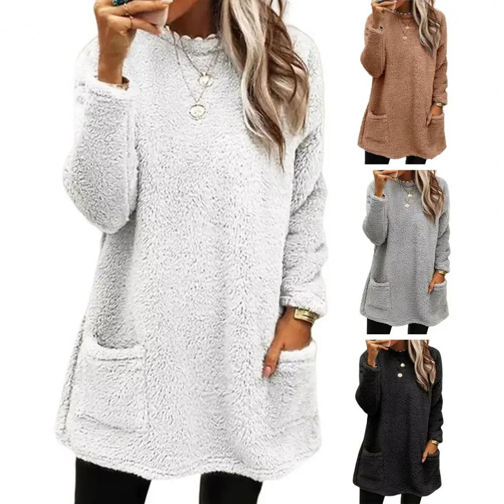 Women's cozy half-high collar plush sweatshirt with pockets